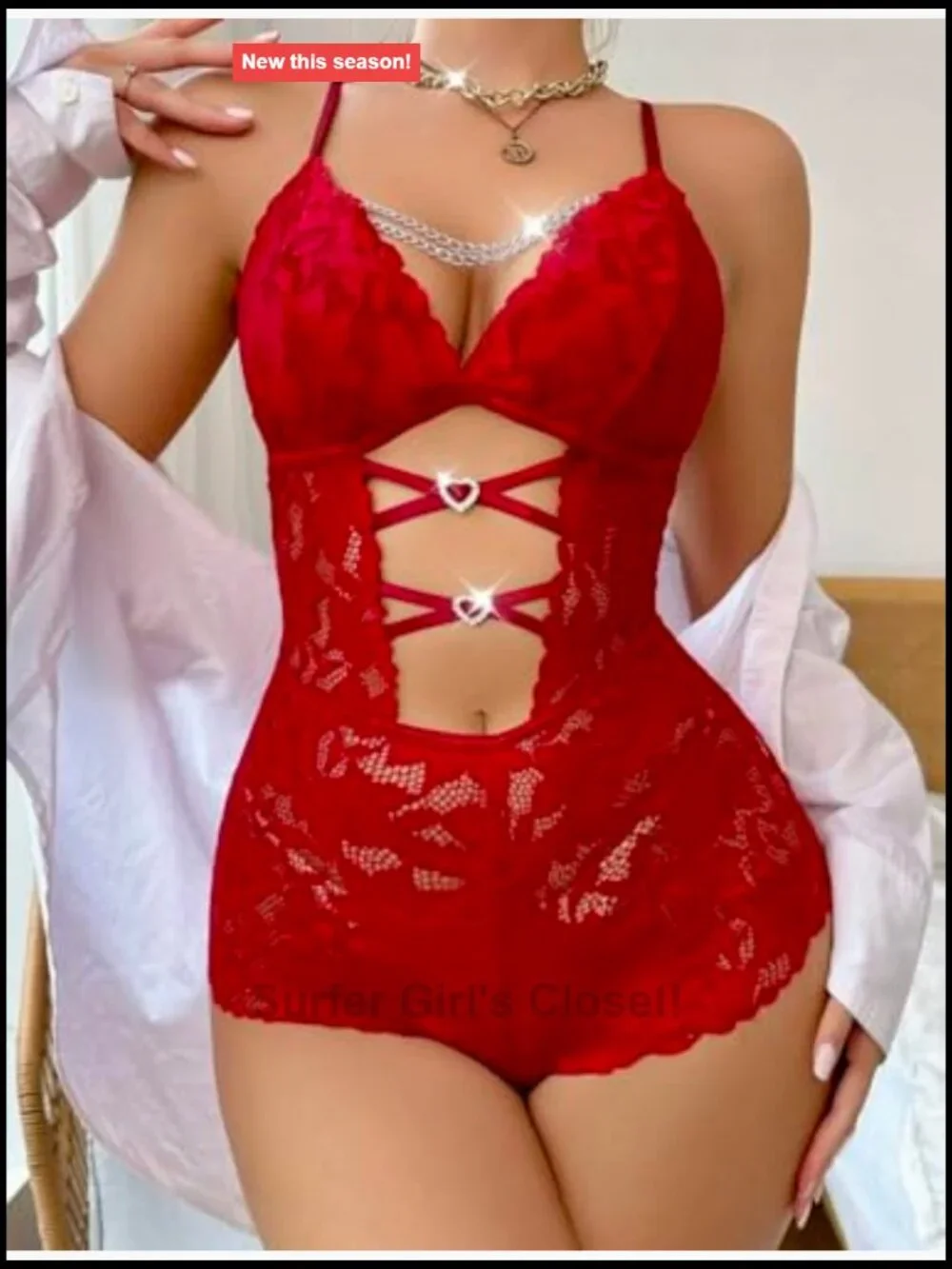 Sexy Lace Teddy Lingerie Romper with Heart Rhinestone Details Cutout